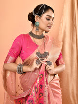Dista Elora Dusty Pink Pure Linen Silk Ikat Butti Zari Weaving Saree, view 4