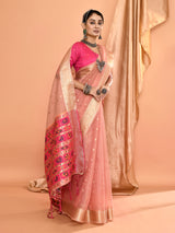 Dista Elora Dusty Pink Pure Linen Silk Ikat Butti Zari Weaving Saree, view 5