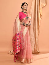 Dista Elora Dusty Pink Pure Linen Silk Ikat Butti Zari Weaving Saree, view 6