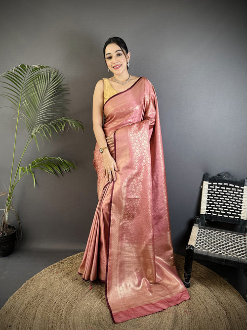 Dista Elora Dusty Pink Soft Satin Silk Floral & Paisley Motifs Banarasi Saree