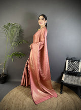Dista Elora Dusty Pink Soft Satin Silk Floral & Paisley Motifs Banarasi Saree, view 2