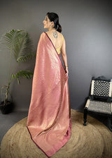 Dista Elora Dusty Pink Soft Satin Silk Floral & Paisley Motifs Banarasi Saree, view 3