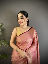 Dista Elora Dusty Pink Soft Satin Silk Floral & Paisley Motifs Banarasi Saree, view 4