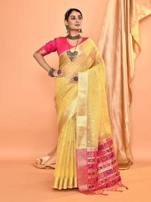 Dista Elora Dusty Yellow Pure Linen Silk Ikat Butti Zari Weaving Saree