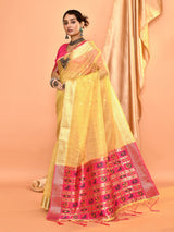 Dista Elora Dusty Yellow Pure Linen Silk Ikat Butti Zari Weaving Saree, view 2