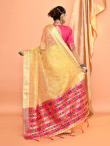 Dista Elora Dusty Yellow Pure Linen Silk Ikat Butti Zari Weaving Saree, view 3