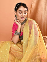 Dista Elora Dusty Yellow Pure Linen Silk Ikat Butti Zari Weaving Saree, view 4