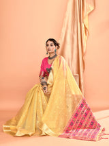 Dista Elora Dusty Yellow Pure Linen Silk Ikat Butti Zari Weaving Saree, view 5