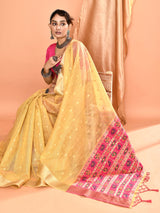 Dista Elora Dusty Yellow Pure Linen Silk Ikat Butti Zari Weaving Saree, view 6