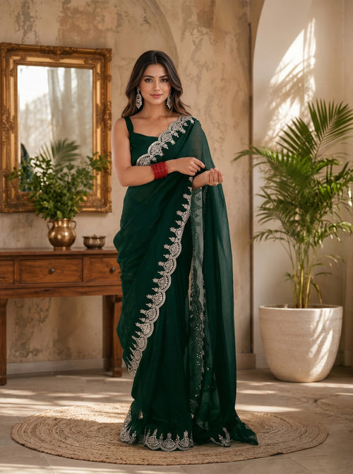 Dista Elora Emerald Green Shimmer Chiffon Plain/Solid Scalloped Edge Embroidered Border Bollywood Saree