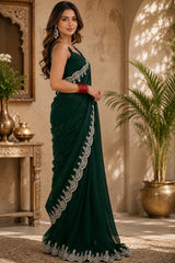 Dista Elora Emerald Green Shimmer Chiffon Plain/Solid Scalloped Edge Embroidered Border Bollywood Saree, view 2