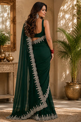 Dista Elora Emerald Green Shimmer Chiffon Plain/Solid Scalloped Edge Embroidered Border Bollywood Saree, view 3
