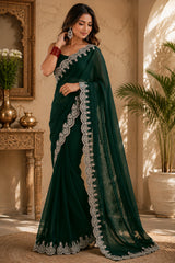 Dista Elora Emerald Green Shimmer Chiffon Plain/Solid Scalloped Edge Embroidered Border Bollywood Saree, view 4