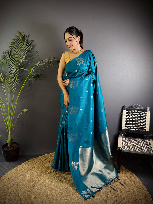 Dista Elora Firozi Lichi Silk Flower Zari Weaving Banarasi Saree