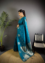 Dista Elora Firozi Lichi Silk Flower Zari Weaving Banarasi Saree, view 2