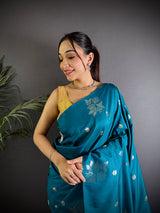 Dista Elora Firozi Lichi Silk Flower Zari Weaving Banarasi Saree, view 3
