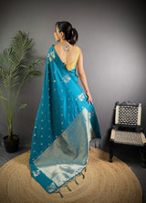 Dista Elora Firozi Lichi Silk Flower Zari Weaving Banarasi Saree, view 4
