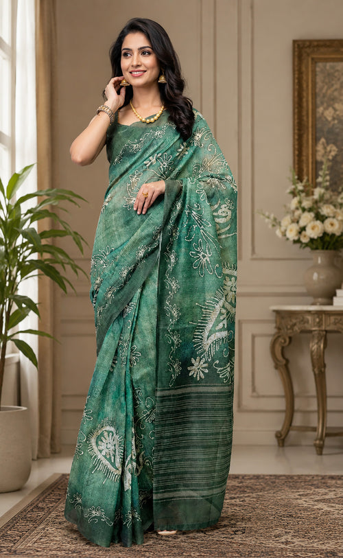 Dista Elora Forest Green Chanderi Cotton Batik Style Printed Ready To Wear Saree