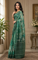 Dista Elora Forest Green Chanderi Cotton Batik Style Printed Ready To Wear Saree, view 2