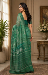 Dista Elora Forest Green Chanderi Cotton Batik Style Printed Ready To Wear Saree, view 3