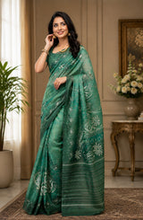 Dista Elora Forest Green Chanderi Cotton Batik Style Printed Ready To Wear Saree, view 4