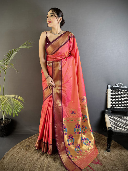 Dista Elora Gajari Lichi Silk Peacock Ethnic Motifs Zari Woven Paithani Saree