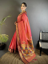 Dista Elora Gajari Lichi Silk Peacock Ethnic Motifs Zari Woven Paithani Saree, view 2