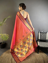 Dista Elora Gajari Lichi Silk Peacock Ethnic Motifs Zari Woven Paithani Saree, view 3