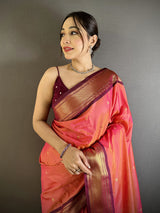 Dista Elora Gajari Lichi Silk Peacock Ethnic Motifs Zari Woven Paithani Saree, view 4