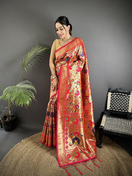 Dista Elora Golden-Orange Soft Silk Intricate Floral & Leaf Pattern Paithani Saree