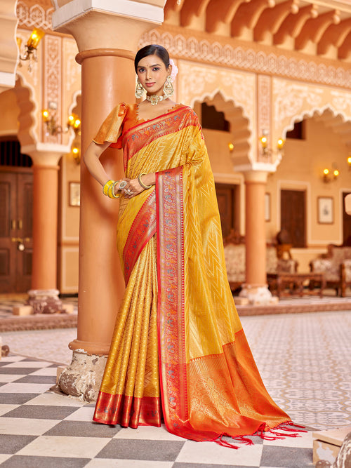 Dista Elora Golden Yellow Munga Zari Silk Kanjivaram With Zig Zag Pattern Saree