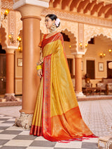 Dista Elora Golden Yellow Munga Zari Silk Kanjivaram With Zig Zag Pattern Saree, view 2