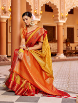 Dista Elora Golden Yellow Munga Zari Silk Kanjivaram With Zig Zag Pattern Saree, view 3