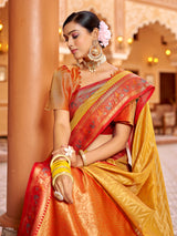 Dista Elora Golden Yellow Munga Zari Silk Kanjivaram With Zig Zag Pattern Saree, view 4