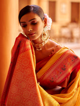 Dista Elora Golden Yellow Munga Zari Silk Kanjivaram With Zig Zag Pattern Saree, view 5
