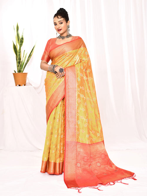 Dista Elora Golden Yellow Soft Silk Banarasi Woven Floral Weaving Saree