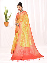 Dista Elora Golden Yellow Soft Silk Banarasi Woven Floral Weaving Saree, view 5