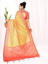 Dista Elora Golden Yellow Soft Silk Banarasi Woven Floral Weaving Saree, view 6