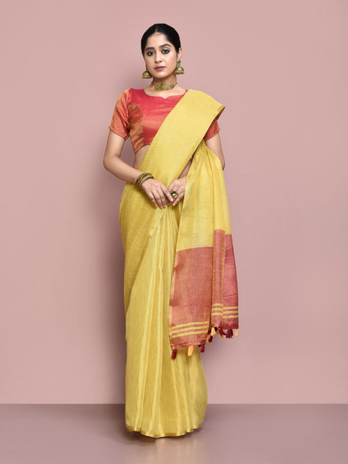 Dista Elora Golden Yellow Tissue Linen Plain Chanderi Festive and Formal Saree