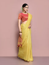 Dista Elora Golden Yellow Tissue Linen Plain Chanderi Festive and Formal Saree, view 2