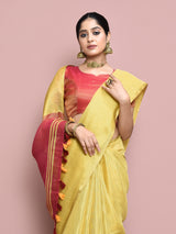 Dista Elora Golden Yellow Tissue Linen Plain Chanderi Festive and Formal Saree, view 3
