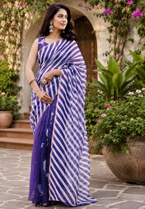 Dista Elora Grape Purple & White Chanderi Cotton Leheriya Printed Ready To Wear Saree