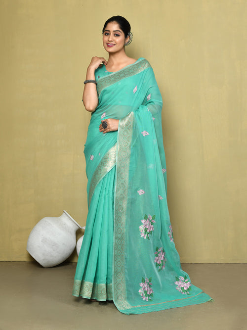 Dista Elora Green Cotton Floral Embroidered Designer Casual Saree