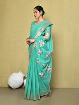 Dista Elora Green Cotton Floral Embroidered Designer Casual Saree, view 2