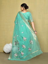Dista Elora Green Cotton Floral Embroidered Designer Casual Saree, view 3