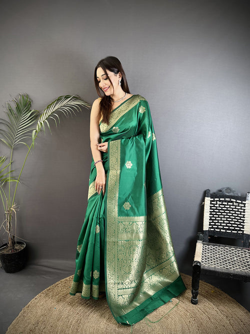 Dista Elora Green Cotton Silk Floral Jacquard Zari Woven Banarasi Saree