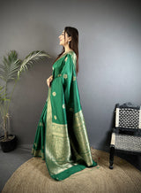 Dista Elora Green Cotton Silk Floral Jacquard Zari Woven Banarasi Saree, view 2