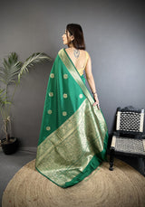 Dista Elora Green Cotton Silk Floral Jacquard Zari Woven Banarasi Saree, view 3