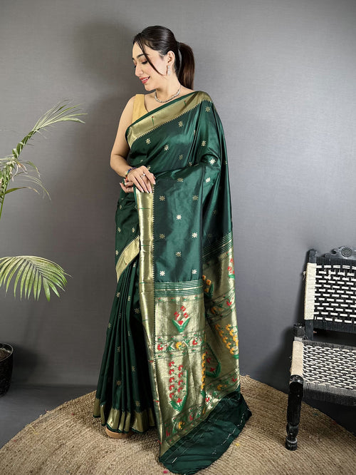 Dista Elora Green Lichi Silk Floral Ikat Motifs Zari weaving Paithani Saree