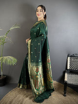 Dista Elora Green Lichi Silk Floral Ikat Motifs Zari weaving Paithani Saree, view 2